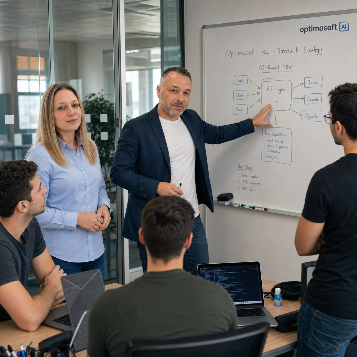 Yavor Dobrev and Antoaneta Dobreva mapping FMCG shelf vision and SKU AI strategy with the engineering team in the Optimasoft Varna office