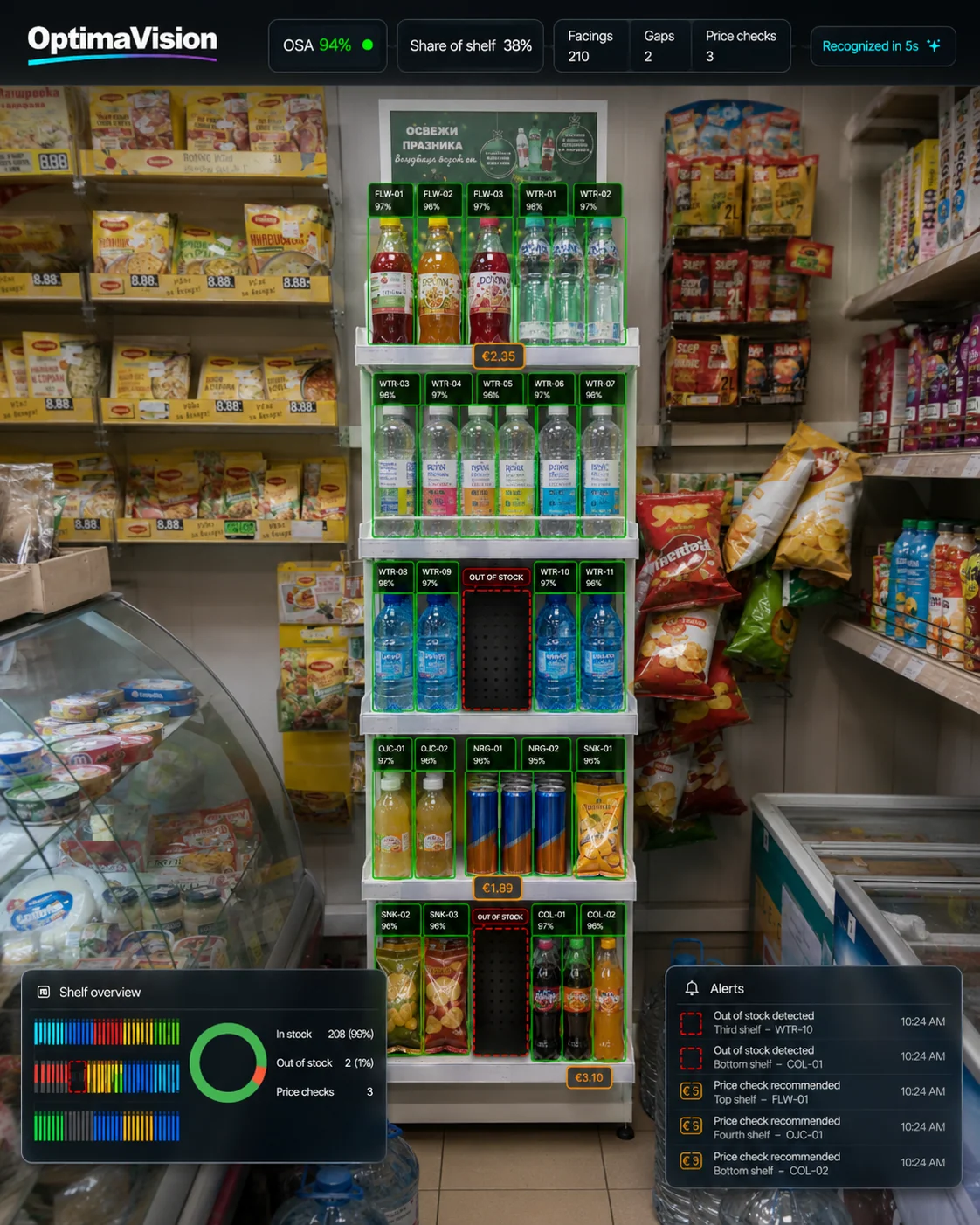 OptimaVision - разпознаване на промо стелаж в магазин: напитки, сокове и снакс в реална среда, OSA 94%, out-of-stock детекции